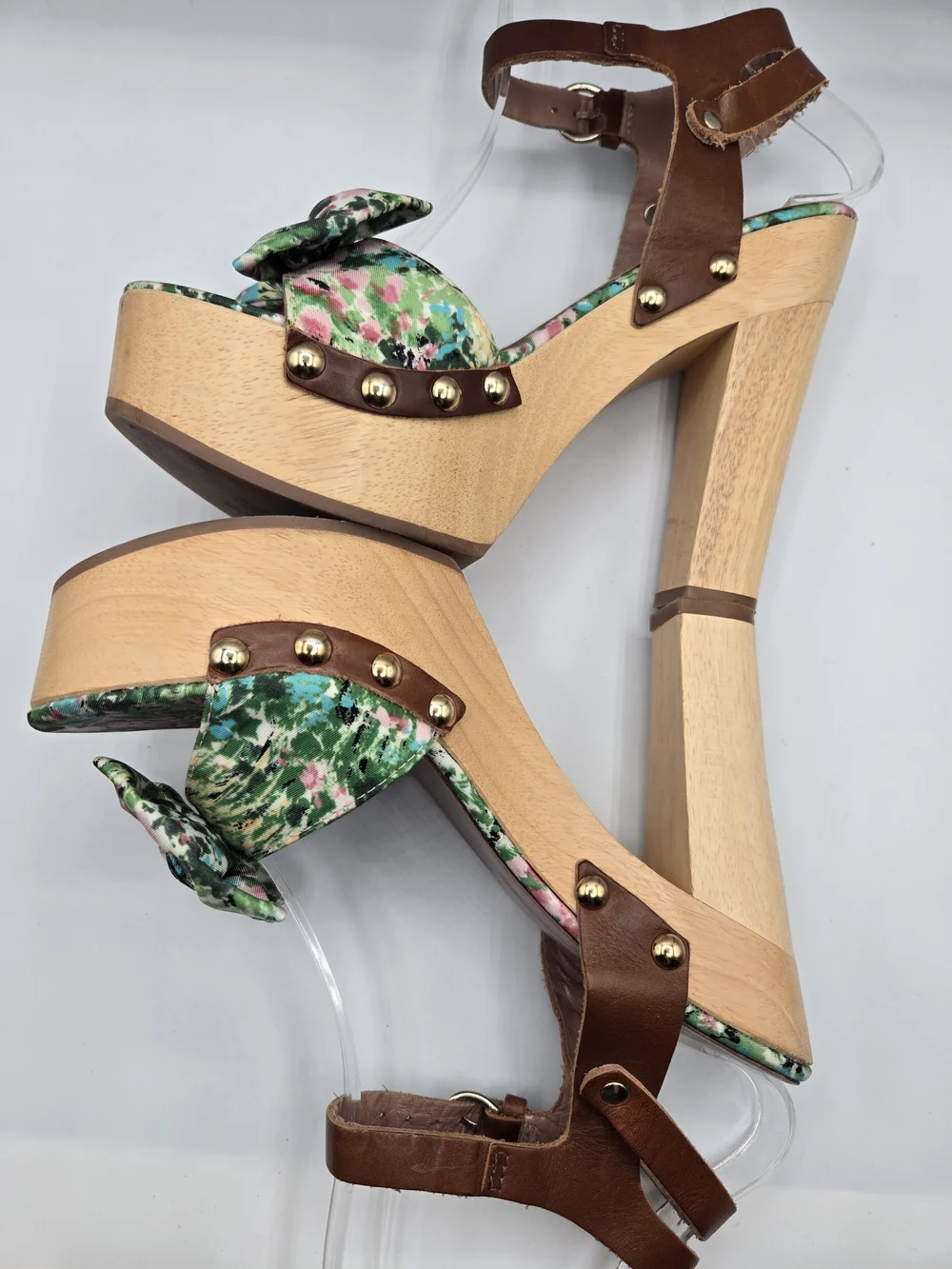 RED Valentino Meadow Print Platform Sandals Size 37.5 Floral Bow Wood Heel